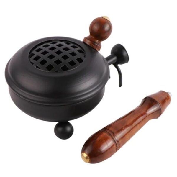 Black Metal Dhoop Dani with Wooden Handle – Round Incense Burner