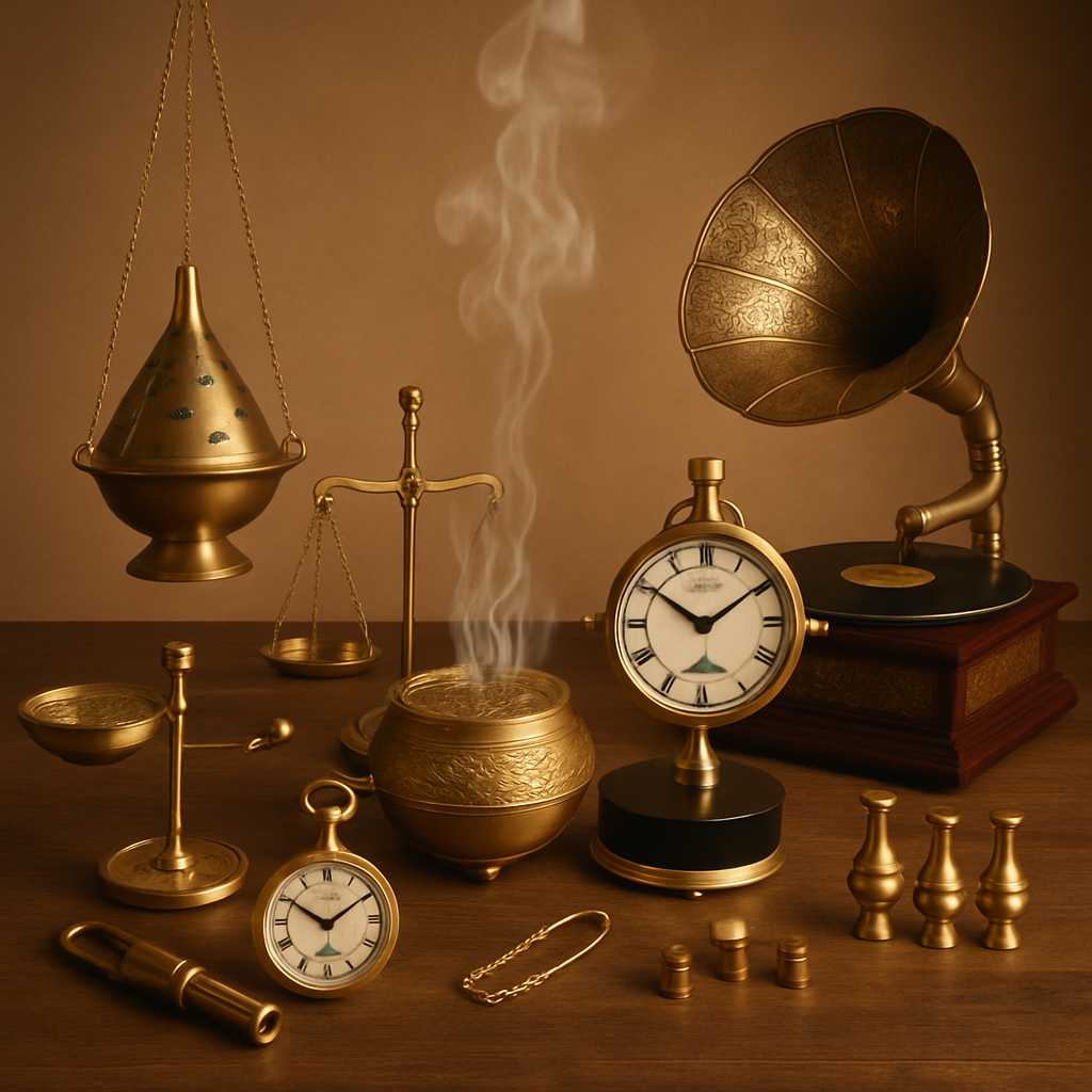 A collection of nine vintage brass artifacts, including a gramophone, incense burner, weighing scales, pocket watch, and clock, displayed on a wooden surface with warm, soft lighting.