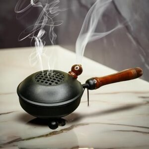 Black Metal Dhoop Dani with Wooden Handle – Round Incense Burner