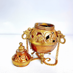 Vintage Brass Hanging Burner with Antique Carvings and Tripod Base