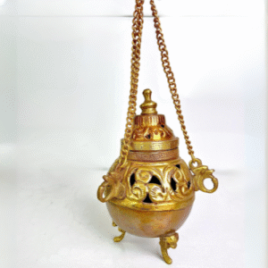 Vintage Brass Hanging Burner with Antique Carvings and Tripod Base