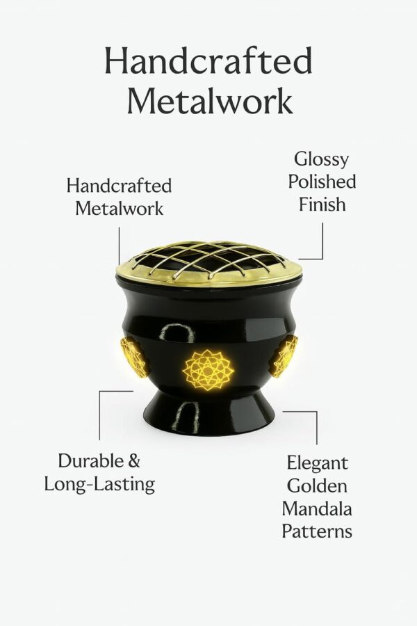 Brass Incense Burner for Resin, Charcoal & Cone Dhoop – Black & Gold