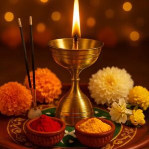 Golden Brass Akhand Jyot Diya with Stand for Temple