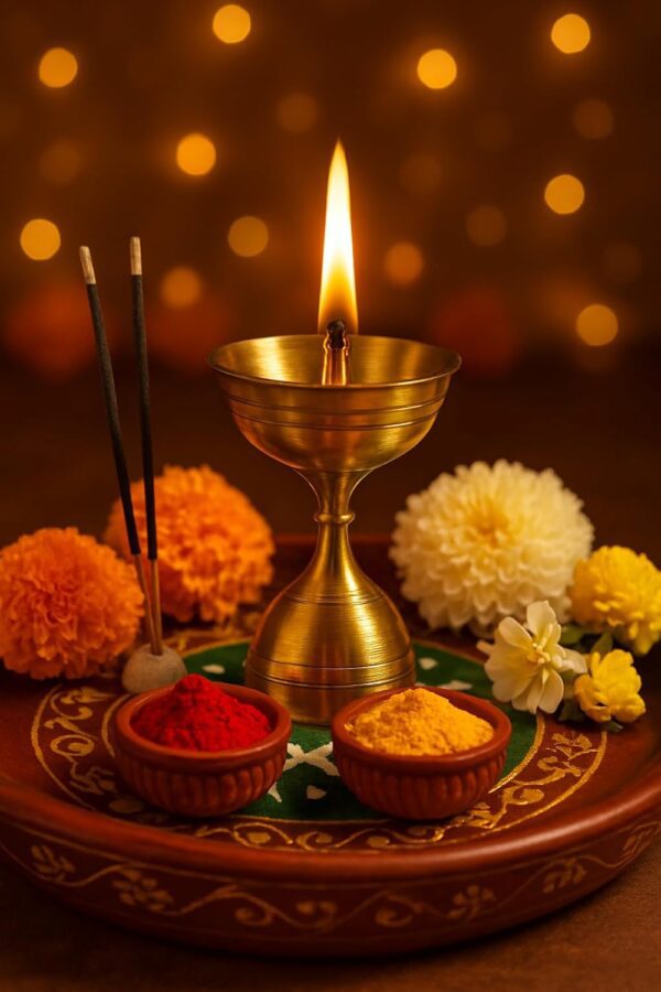 Golden Brass Akhand Jyot Diya with Stand for Temple