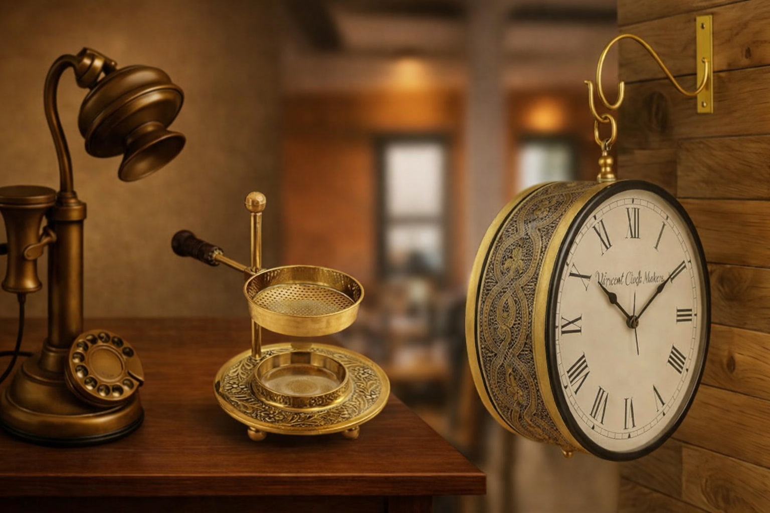 Vintage brass decor arrangement featuring an antique balance scale, classic rotary telephone, and ornate wall clock on a wooden table