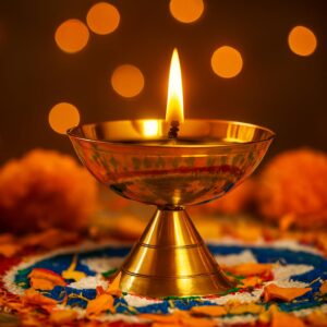 Pure Brass Akhand Diya side angle showing pedestal base