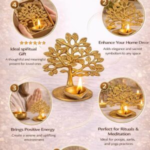 Tree of Life Diya Candle Holder – Golden Metal Tea Light Stand for Pooja