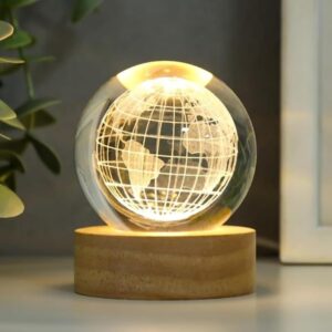 3D Crystal Globe Lamp close-up showing engraved Earth design