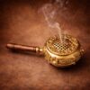 brass loban burner with wooden handle for puja incense