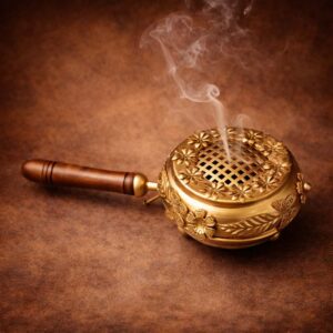 brass loban burner with wooden handle for puja incense