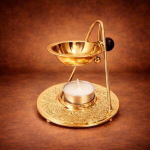 Premium brass tea light loban burner with wooden handle designed for gentle aroma diffusion using loban, sambrani, and essential oils during puja and meditation.