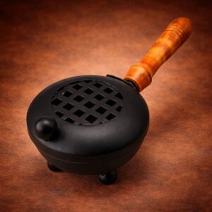 iron loban burner with wooden handle for puja incense