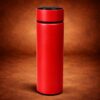 LED Temperature Water Bottle red front view stainless steel