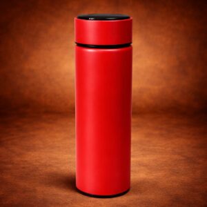 LED Temperature Water Bottle red front view stainless steel