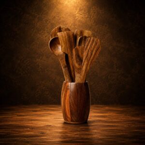 Handcrafted wooden kitchen utensil set with spoon spatula and holder on rustic wooden background