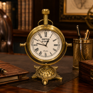Vintage Brass Table Clock with Turtle Base | Antique Style Metal Desk Clock | Roman Numeral Decorative Tabletop Clock for Home Office Décor (Gold)
