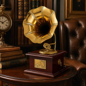 Vintage Gramophone Showpiece for Home Decor | Antique Golden Horn Gramophone with Wooden Base | Retro Decorative Collectible for Living Room, Office, Library & Café Decoration