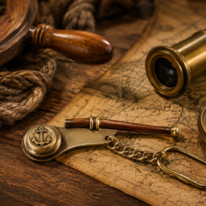 Vintage Brass Bosun's Whistle Keychain with Anchor Emblem & Wooden Handle | Nautical Maritime Brass Key Ring | Antique Sailor Whistle Collectible Gift for Men, Travelers & Sea Lovers