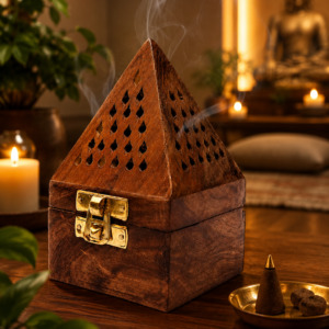 Handcrafted Wooden Pyramid Incense Cone Burner with Brass Lock for Home Temple Meditation