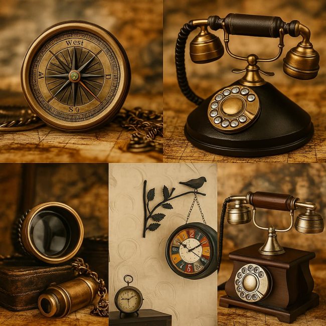 A collage of antique items including vintage clocks, a landline phone, and a pocket watch - MyStoreParadise